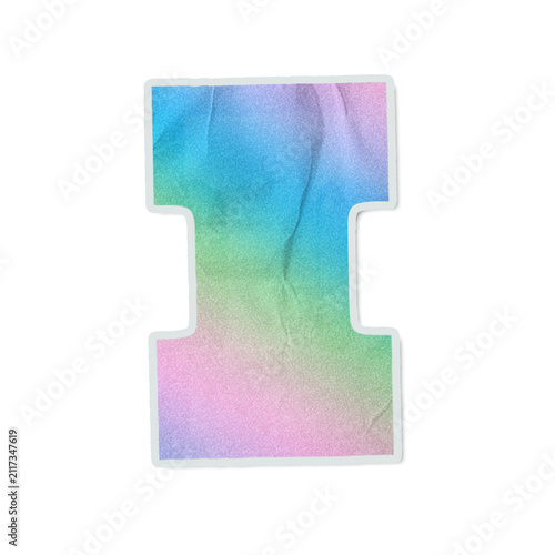 Uppercase I sticker is sitting on transparent canvas showing pastel wash, white rim, shadow, grain