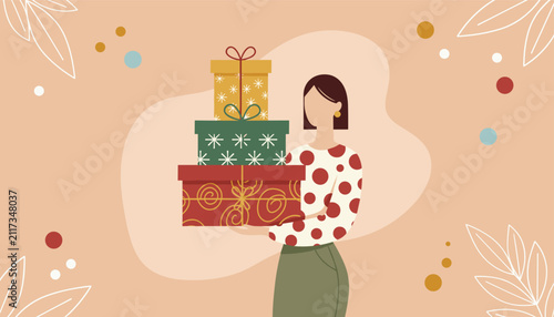 Elegant woman in stylish polka dot blouse holding stack of beautifully wrapped gift boxes for celebration, holiday, or special occasion surprise.
