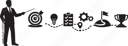 Business professional pointing at strategic roadmap with connected elements, vector EPS planning banner.