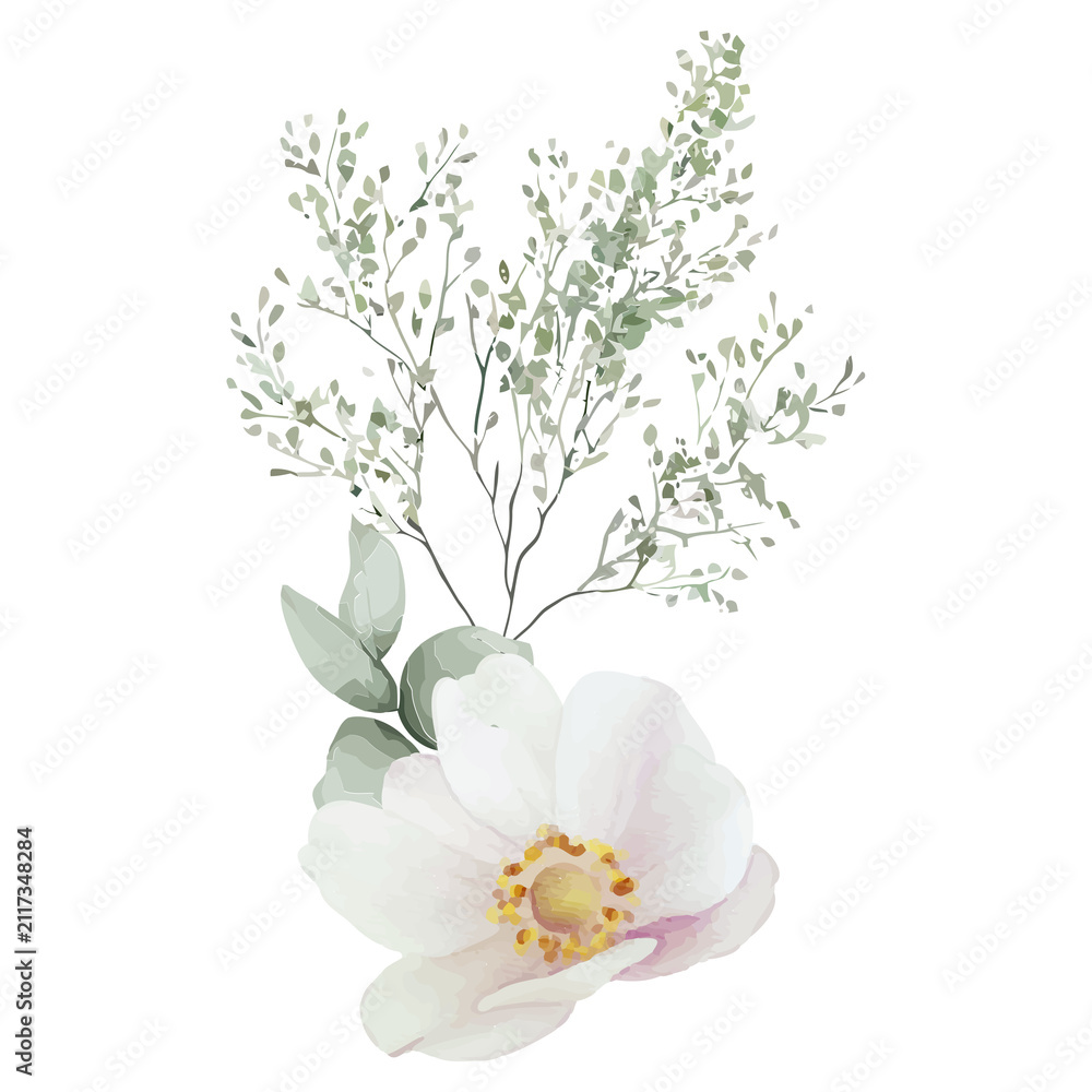 Obraz premium Stylized wild rose is blooming on transparent watercolor background with golden center, copy space