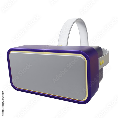 Stylized 3D VR headset is floating on transparent background, showing purple housing and gold trim