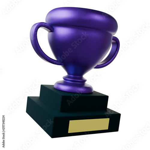 3D purple metal trophy cup is sitting on stepped base with blank gold plate, transparent background