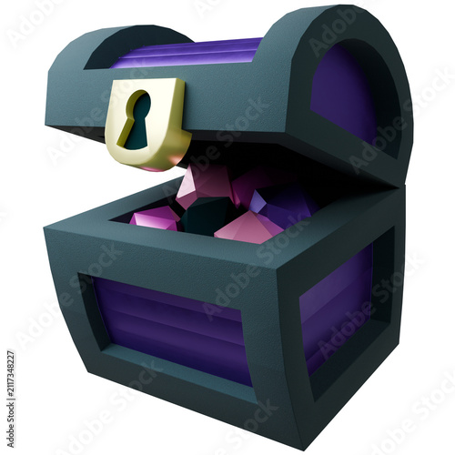 Low-poly 3D treasure chest is sitting in three-quarter, gems and gold lock, transparent background