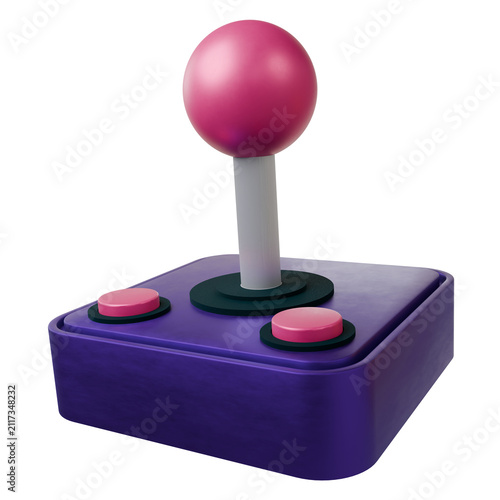 3D joystick is showing on transparent background with purple base gray-shaft pink knob and buttons