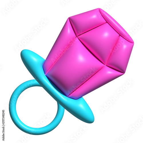 3D stylized pacifier is being shown diagonally on transparent canvas with cyan ring and magenta gem