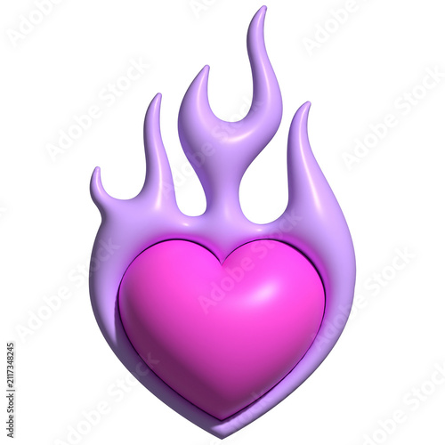 Glossy heart emblem is sitting on transparent canvas, showing lavender flame, beveled 3D look