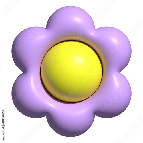 Toy 3D flower is floating on transparent canvas, showing six lilac petals and glossy yellow center