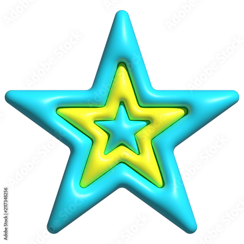 3-layer 5-point star is looking glossy 3D, cyan outer+center, lime middle, bevels+highlights, clear