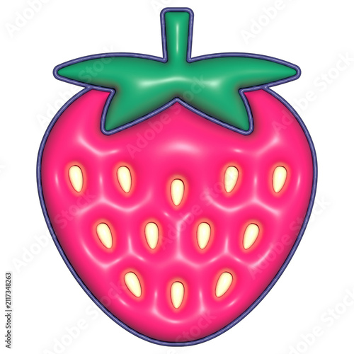 Pink strawberry is floating on transparent backdrop, as enamel pin with seeds calyx purple outline