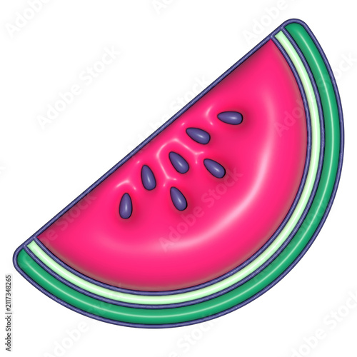 Watermelon wedge is showing 3D magenta flesh, dark seeds, green rind, navy outline, transparent bg