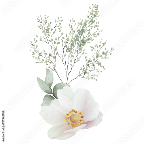 Stylized wild rose is blooming on transparent watercolor background with golden center, copy space