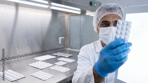 Technician holding a blister pack of tablets for quality inspection