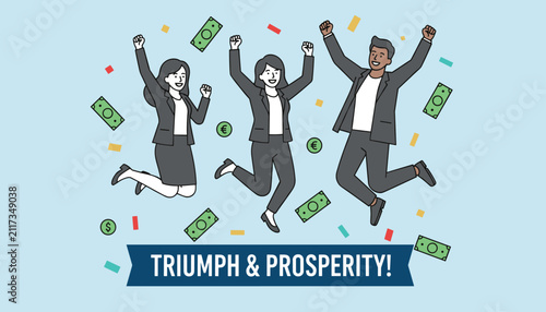 Successful business people jumping for joy with money and confetti falling around them for triumph and prosperity theme.