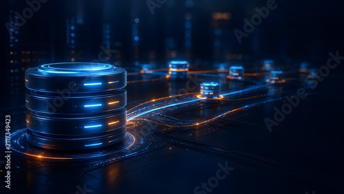 Advanced database server node with fast glowing data streams connecting to smaller server units in a futuristic dark network infrastructure.