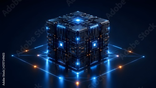 Futuristic dark metallic processor cube with glowing neon circuits on a digital grid representing quantum computing and artificial intelligence