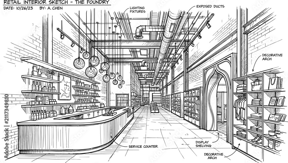 Fototapeta premium Industrial style commercial boutique retail store interior blueprint sketch showing product display shelves and counter service desk