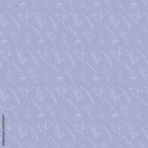 Seamless pattern of white hand drawn line art flowers on a lavender blue background