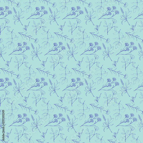 Seamless floral pattern with blue hand drawn line art on a light blue background