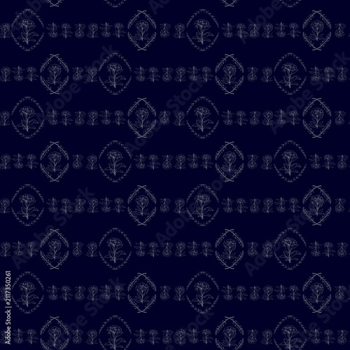 Elegant seamless pattern with white line art flowers and ornaments on a dark navy background