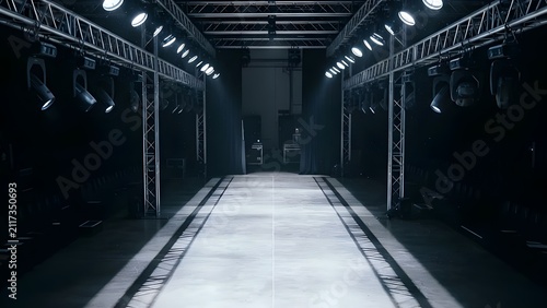 화려한 조명과 트러스 구조물이 설치된 어두운 패션쇼 런웨이 무대 풍경 / Dark fashion show runway stage scenery with glamorous lighting and truss structures installed