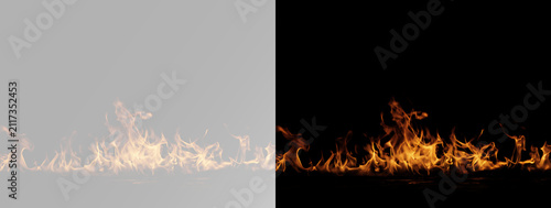 Foto Fire flames burning in a wide horizontal shape with bright orange tongues, overl