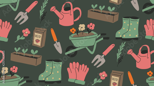 Fotografie Vector seamless gardening pattern in naive style on a dark background