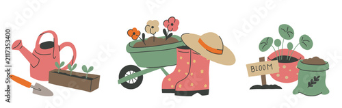 Quadro su tela Vector set of gardening composition in a naive hand-drawn style