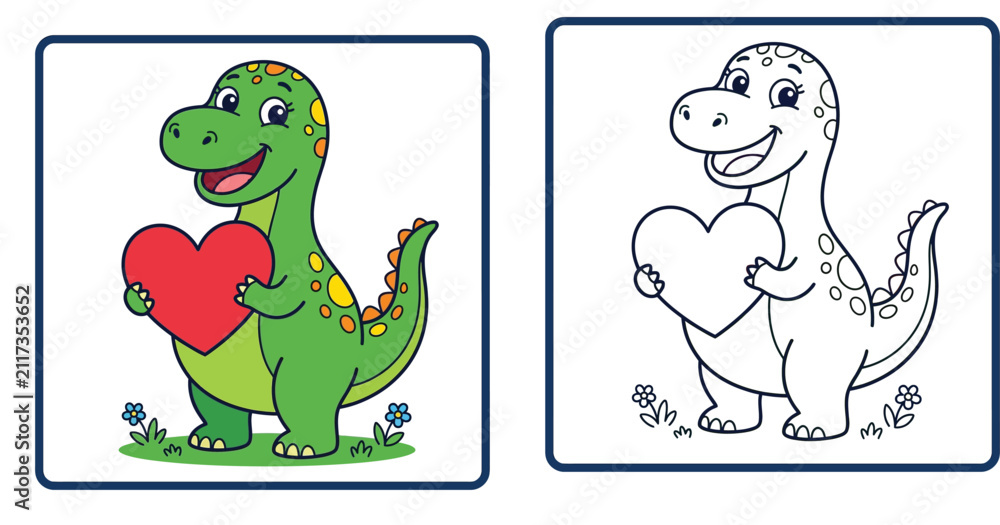 Fototapeta premium Cute Cartoon Dinosaur Holding a Red Heart Coloring Page for Kids with Color Sample and Outline Version Vector Illustratio