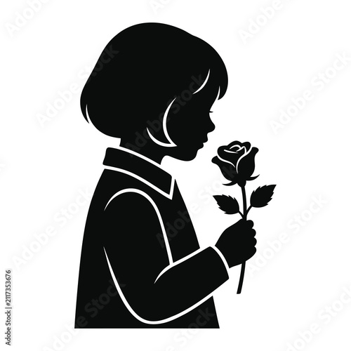 Black silhouette of a little girl smelling a rose flower icon