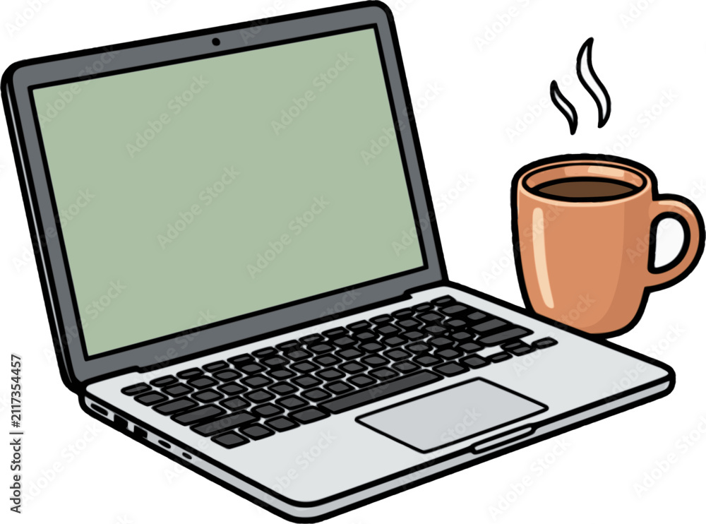 Fototapeta premium Laptop Computer with Steaming Coffee Cup, Remote Work Cartoon