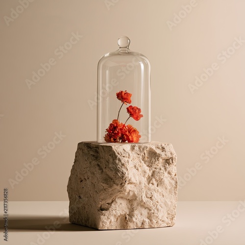Delicate crimson blossoms preserved within a clear glass dome on textured stone
