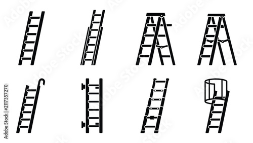 Ladder icon set vector illustration featuring various types of step ladders, extension ladders, safety cage ladders, and hook ladders in solid black pictogram style isolated on white background