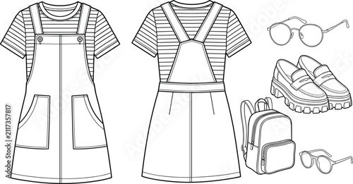 Quadro su tela Women pinafore dress and striped t shirt fashion flat sketch with casual accesso