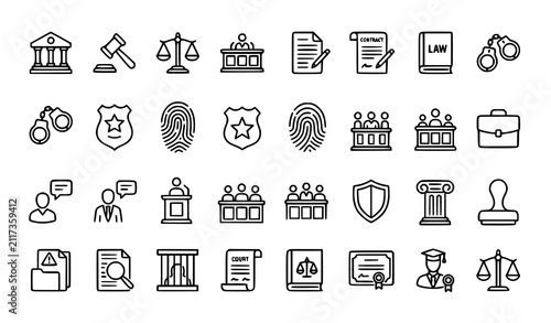 Set of hand drawn law and justice icons featuring court symbols legal documents and police equipment
