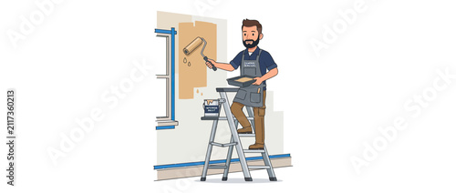 Bild auf Leinwand Man painting wall with roller on ladder