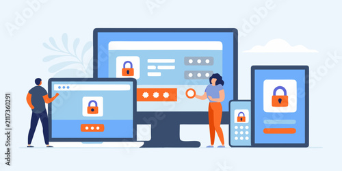 cross device user interaction flat vector illustration cross device mobile tablet computer screen lock security digital interface technology communication connectivity people figure graphic design