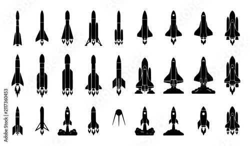 Collection of various black rocket and space shuttle silhouettes isolated on a white background for design projects