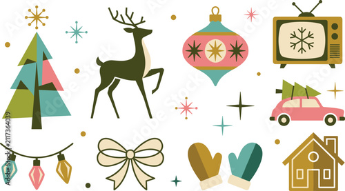 Fotografía Retro Christmas holiday collection featuring festive tree, reindeer, vintage tel