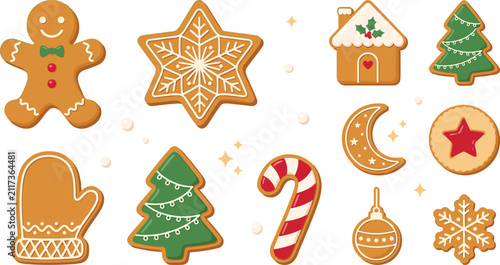 Christmas gingerbread cookie collection featuring gingerbread man, snowflake, candy cane, mitten, Christmas tree, ornament, and festive holiday treats flat vector illustration