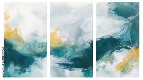 Abstract triptych painting in teal, gold, and white.
