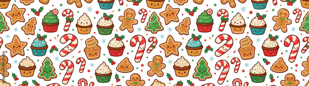 Fototapeta premium Seamless pattern of cute kawaii winter holiday sweets and gingerbread cookies