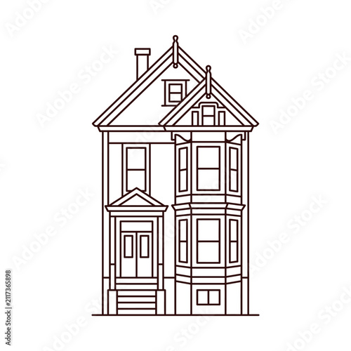 Victorian House Outline Drawing, Classic Residential Building Exterior