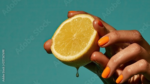 A vibrant citrus fruit is held and squeezed by a hand with bright orange polish