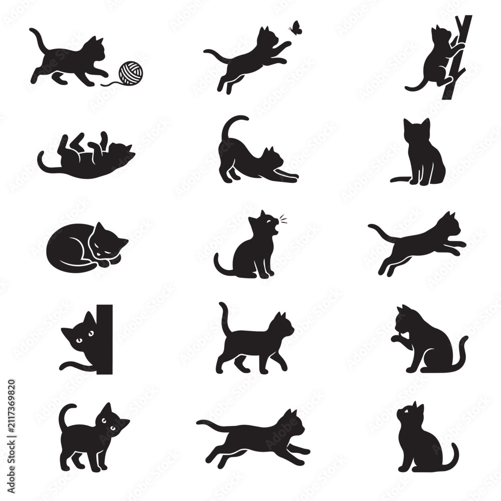 Fototapeta premium Black silhouette of kittens in various poses and activities black silhouettes animals