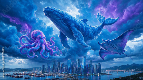 Storm clouds form vivid electric blue whale and octopus shapes above a real landscape — the sky itself becomes a living ocean. Ideal for surreal art, dramatic editorial, and fantasy design.