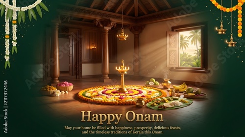 Happy onam festival poster with banana leaf feast inside rustic wooden Kerala house