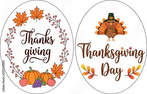 Thanksgiving oval stickers and harvest labels vector set. Oval designs featuring autumn berry wreath, orange pumpkins, red apples, purple grapes, maple leaves, cute turkey in pilgrim hat