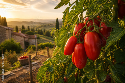 Ripe San Marzano tomatoes on vine with Italian countryside in golden hour light.