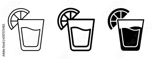 Foto Set of three vector icons: outline, filled outline, and solid black shot glasses