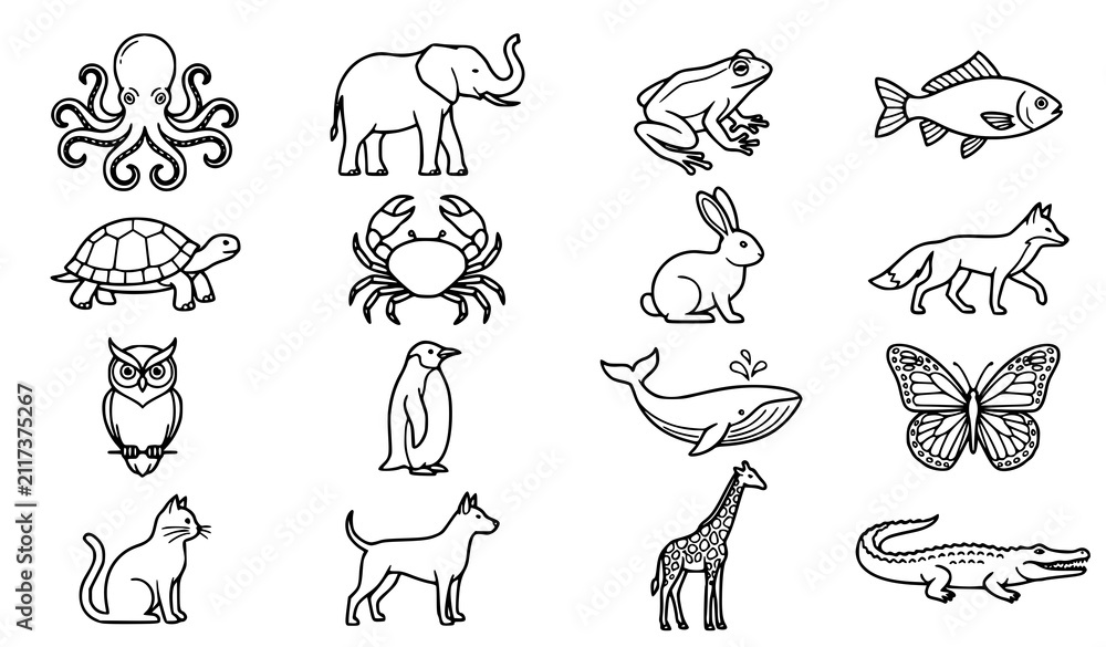 Fototapeta premium Animal Outline Icon Set Featuring Bear Frog Fish Whale Butterfly Giraffe Crocodile and Jellyfish